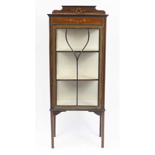 22 - Edwardian mahogany line inlaid and painted china cabinet, fitted with three shelves, 150cm H x 60cm ... 