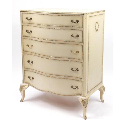 83 - French style cream and gilt serpentine fronted chest fitted with five graduated drawers, 110cm H x 8... 