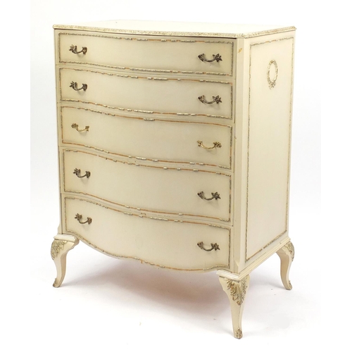 83 - French style cream and gilt serpentine fronted chest fitted with five graduated drawers, 110cm H x 8... 