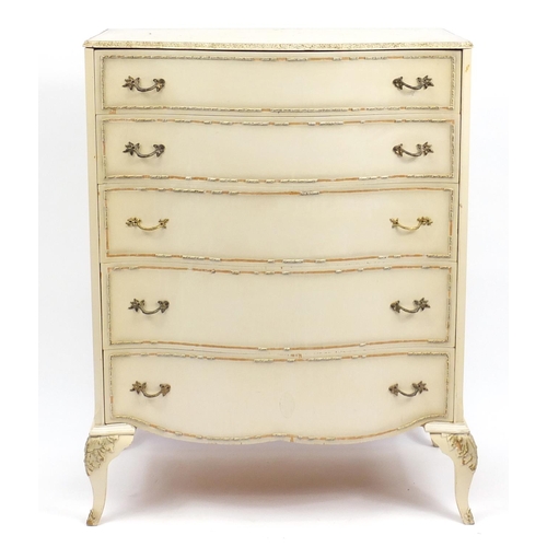 83 - French style cream and gilt serpentine fronted chest fitted with five graduated drawers, 110cm H x 8... 