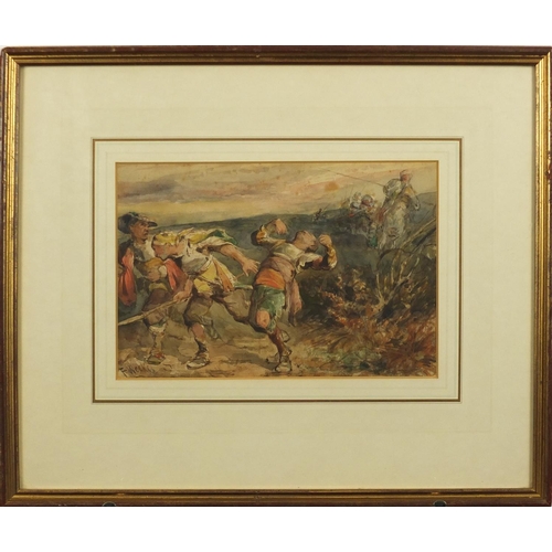 822 - Frederick Weekes - Fleeing the Scene, signed watercolour, inscribed label verso,  mounted and framed... 