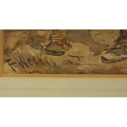 822 - Frederick Weekes - Fleeing the Scene, signed watercolour, inscribed label verso,  mounted and framed... 