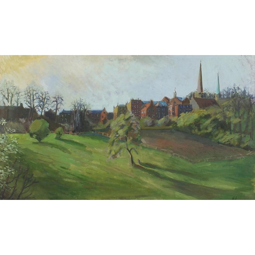 872 - Gilbert Sprencer - Towards town over fields, signed oil on canvas, inscribed verso, framed, 79cm x 4... 