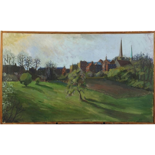 872 - Gilbert Sprencer - Towards town over fields, signed oil on canvas, inscribed verso, framed, 79cm x 4... 