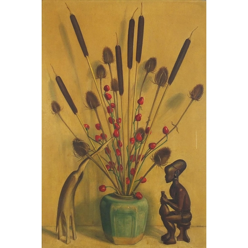 767 - Eric Munro Agnew - Bulrushes, red berries and African figure, signed oil on canvas, framed, 76cm x 5... 