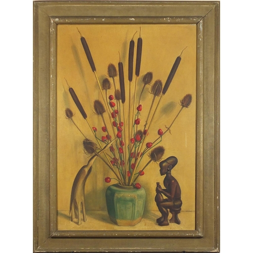 767 - Eric Munro Agnew - Bulrushes, red berries and African figure, signed oil on canvas, framed, 76cm x 5... 