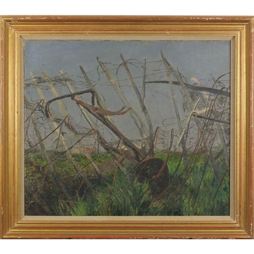 807 - Christopher Sanders - Remains of a bicycle, signed oil on canvas, mounted and framed, 70.5cm x 60cm