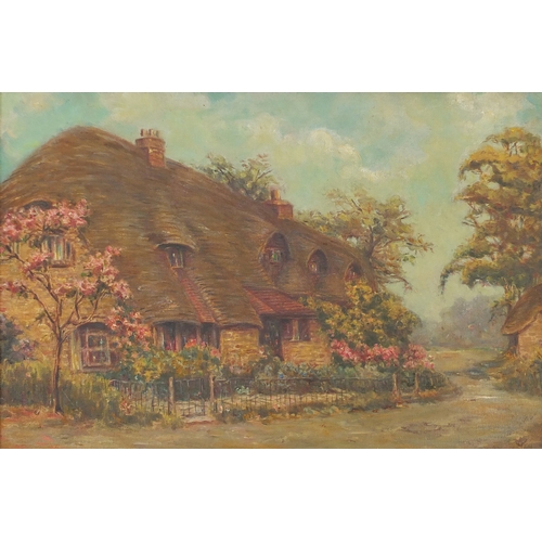 170 - Thatched cottage, oil on canvas, framed, 60cm x 39cm