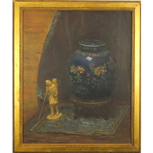 797 - Jean Ballantyne - Still life, Chinese vase on stand and okimono, signed oil on canvas, framed, 52cm ... 