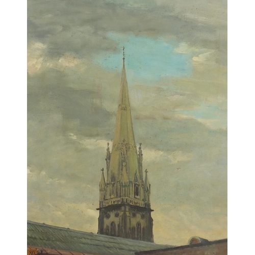 899 - Edward John Kohler - Spire of St Mary Abbot's Church, W8, signed oil on board, At Guildhall Art Gall... 