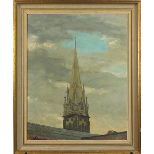 899 - Edward John Kohler - Spire of St Mary Abbot's Church, W8, signed oil on board, At Guildhall Art Gall... 