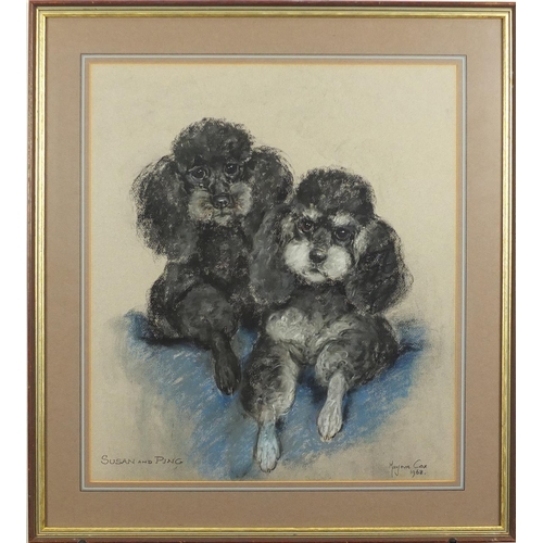 812 - Marjorie Cox 1986 - Susan and Ping, pair of poodles, signed pastel, mounted and framed, 46cm x 40cm