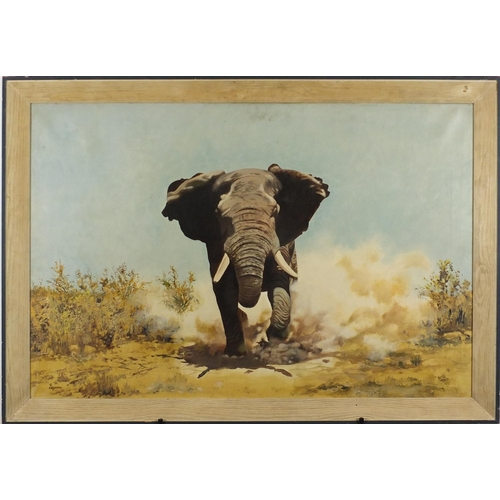 880 - Brun - Charging elephants, signed oil on canvas, framed, 90.5cm x 60cm