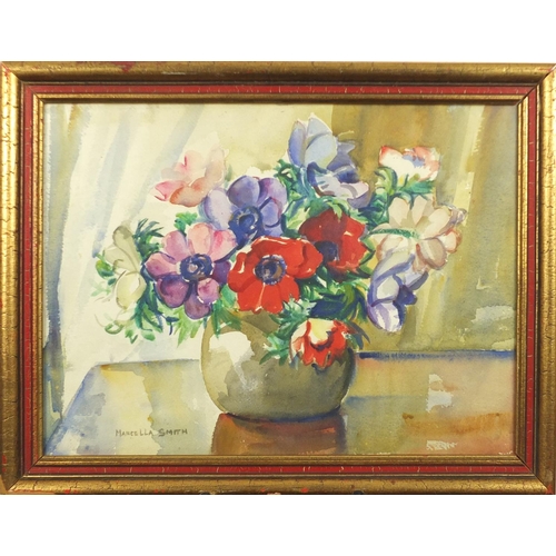 923 - Marcella Smith - Still life flowers in a vase, watercolour, framed, 41cm x 30cm