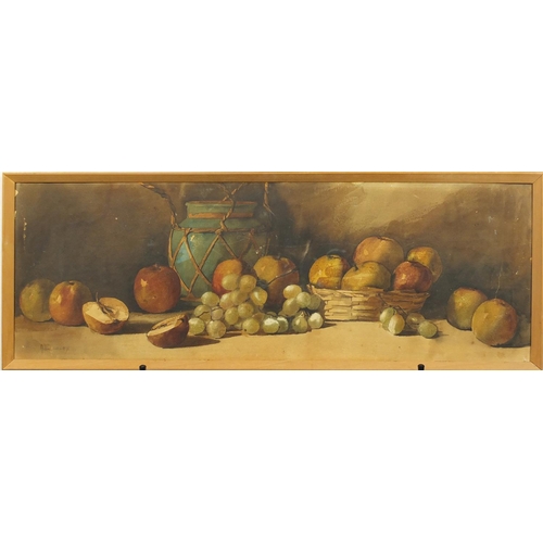 789 - Arthur Dudley - Still life fruit and a vessel, watercolour on card, framed, 78cm x 27cm