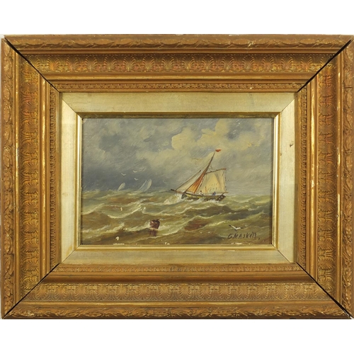 826 - Christopher Mark Maskel - Rigged ship on choppy seas, oil on board, mounted and framed, 22cm x 15cm