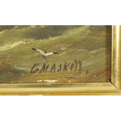 826 - Christopher Mark Maskel - Rigged ship on choppy seas, oil on board, mounted and framed, 22cm x 15cm