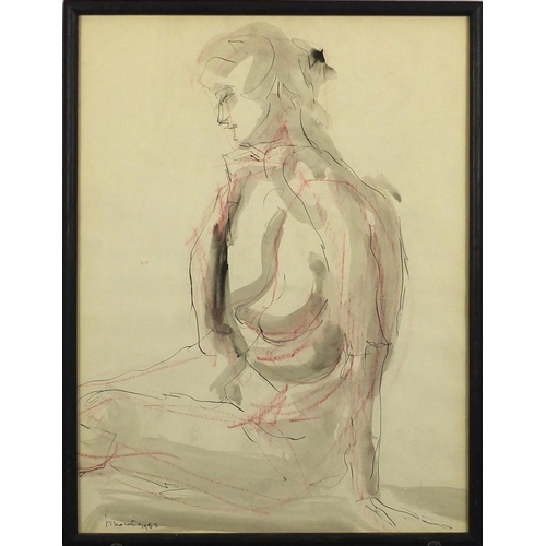 882 - Portrait of a seated nude female, mixed media, bearing an indistinct signature and Johannesburg labe... 