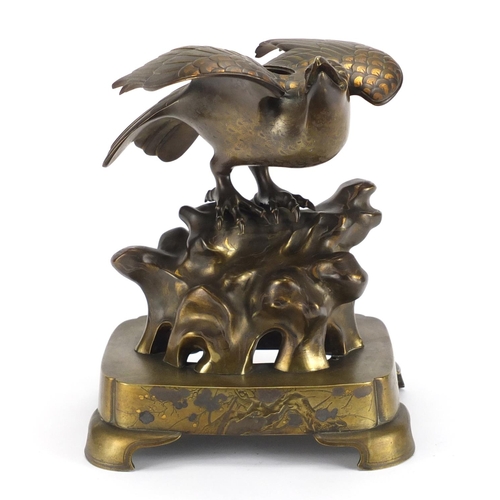 280 - Japanese Meiji period patinated bronze eagle incense burner, 33.5cm high