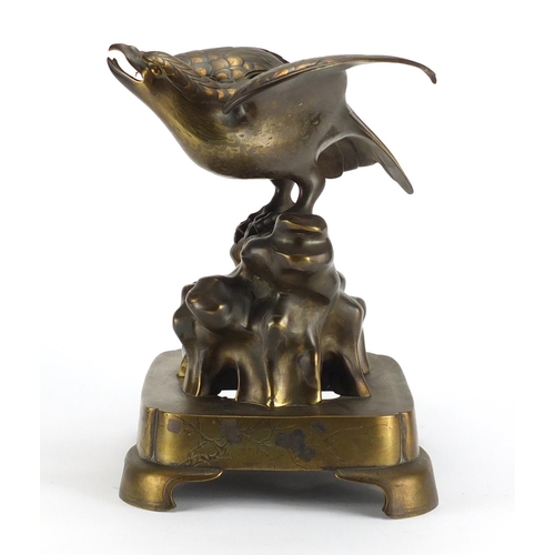 280 - Japanese Meiji period patinated bronze eagle incense burner, 33.5cm high