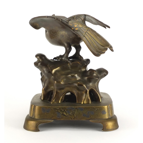 280 - Japanese Meiji period patinated bronze eagle incense burner, 33.5cm high