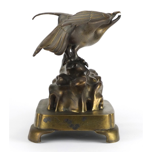 280 - Japanese Meiji period patinated bronze eagle incense burner, 33.5cm high