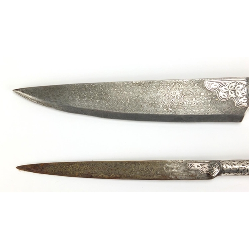 351 - Indian Bidriware knife design container housing a knife, the largest 31.5cm in length