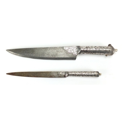 351 - Indian Bidriware knife design container housing a knife, the largest 31.5cm in length