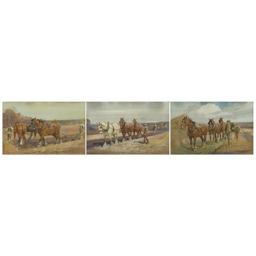 868 - Thomas Ivester Lloyd - Work horses, three watercolour and gouaches, framed, each 49.5cm x 31cm