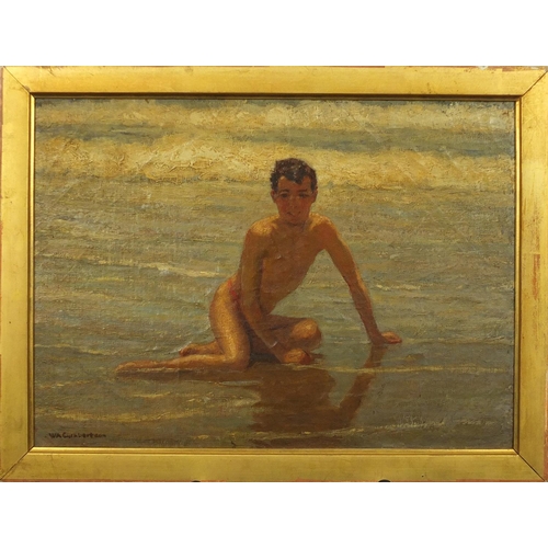 837 - William A Cuthbertson - Young boy on the beach, oil on canvas board, framed, 33.5cm x 24.5cm