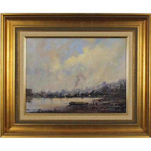 760 - Industrial harbour, impressionist oil on canvas, bearing an indistinct signature possibly L Russait,... 