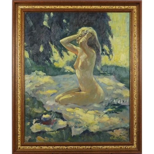 775 - Vasilief - The Nude, Russian school oil on canvas, label and inscriptions verso, framed, 54.5cm x 44... 