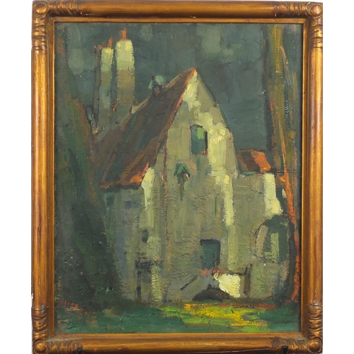 798 - Cottages, two impressionist oils, one on canvas bearing an indistinct signature possibly Aerens, bot... 