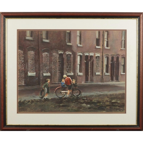 774 - Marc Grimshaw - Children playing in the street, pastel, mounted and framed, 48cm x 36.5cm