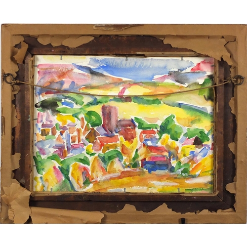 811 - Landscape with buildings, mixed media, bearing an indistinct signature, framed, 39.5cm x 30cm