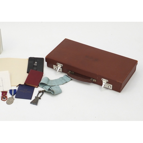 502 - Masonic Regalia including leather briefcase, jewels and apron