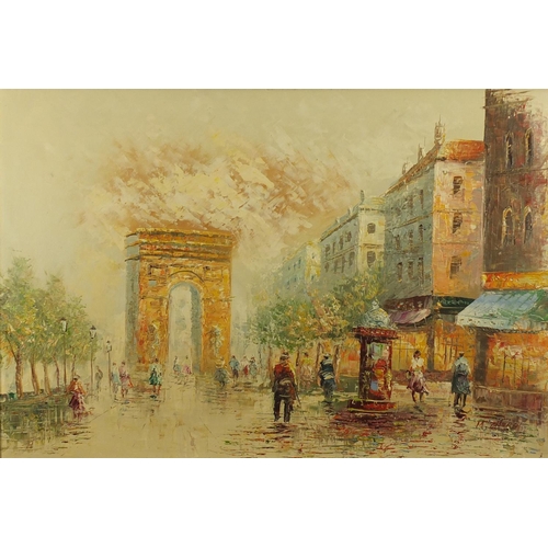 74 - M. Church - Parisian street scene, oil on canvas, framed, 90cm x 60cm