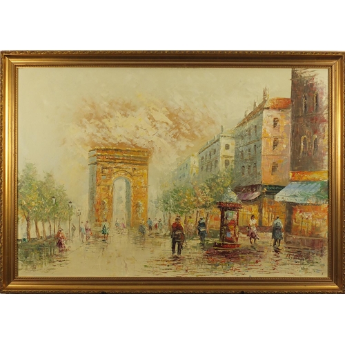 74 - M. Church - Parisian street scene, oil on canvas, framed, 90cm x 60cm