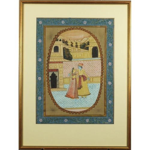 73 - Two Indian Mughal style pictures of an elephant and courting couple, both framed, the largest 78cm x... 