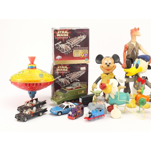 485 - Vintage and later toys including Mickey Mouse, Star Wars, die cast vehicles and a tin plate spinning... 