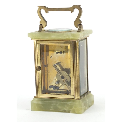 312 - Brass and simulated onyx Henley carriage clock, 12cm high