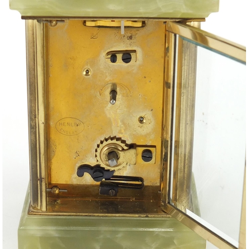 312 - Brass and simulated onyx Henley carriage clock, 12cm high