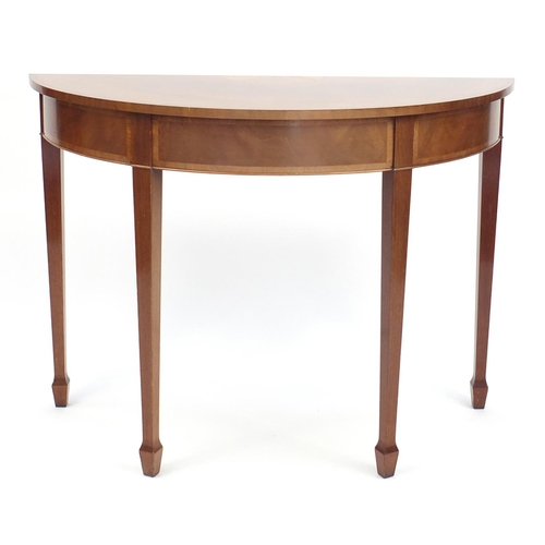 24 - Edwardian inlaid mahogany demi lune side table, raised on square tapering legs, 81.5cmH x 113cm W x ... 