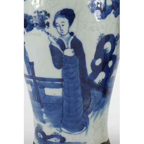 242 - Pair of Chinese blue and white crackle glazed baluster vases and covers, hand painted with figures, ... 