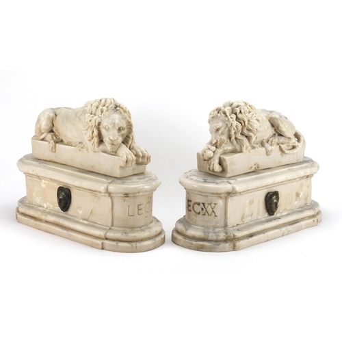 1 - Pair of Italian Grand Tour marble carvings of lions, The Sleeping and The Vigilant, each 29cm high x... 
