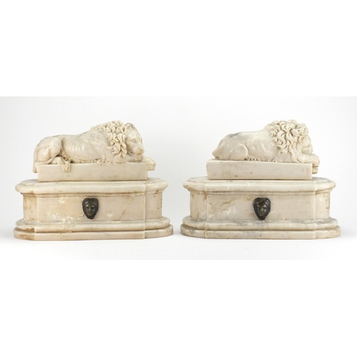 1 - Pair of Italian Grand Tour marble carvings of lions, The Sleeping and The Vigilant, each 29cm high x... 