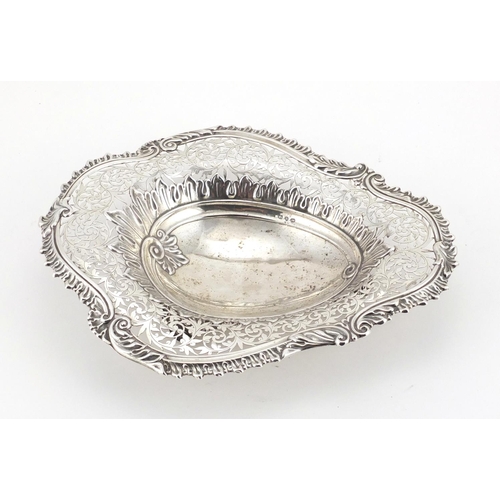 524 - Victorian silver cartouche shaped bowl, embossed and pierced with leaves, indistinct makers mark Bir... 