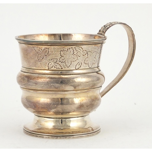 552 - Georgian silver Christening cup engraved with flowers, indistinct makers mark London 1819, 7.5cm hig... 