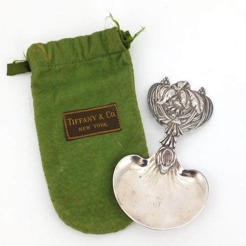 529 - Art Nouveau sterling silver serving spoon with naturalistic handle, by Tiffany & Co, with cloth pouc... 