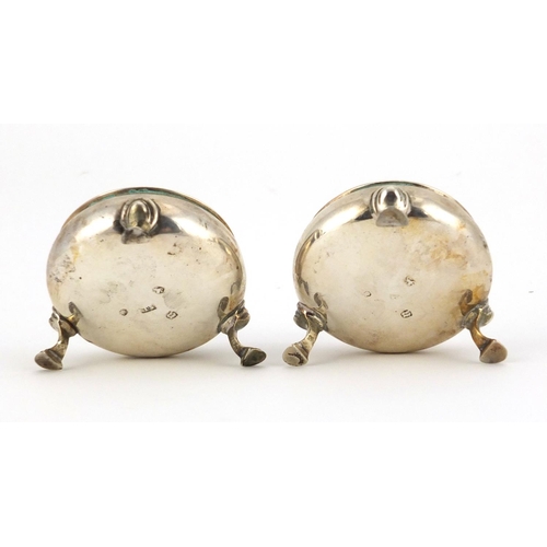 553 - Pair of 18th century three footed open salts, T S London 1772, 6.2cm in diameter, approximate weight... 
